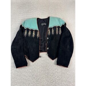 Patty Lewis Leather Jacket Womens M Black Turquoise Western Feather Embroidered